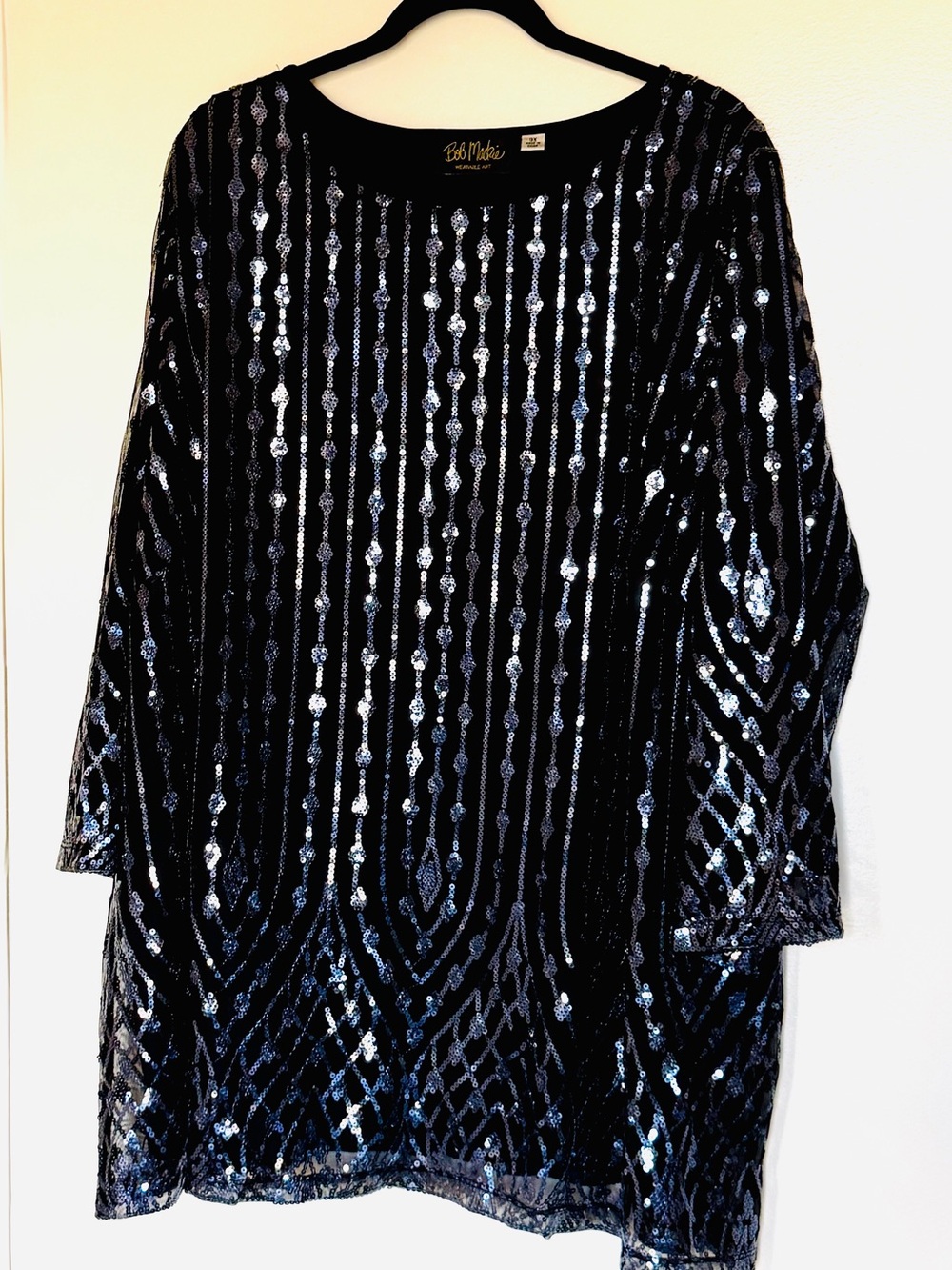 Bob Mackie Wearable Art 3X Black Silver Sequin Mesh Tunic Top Party Blouse